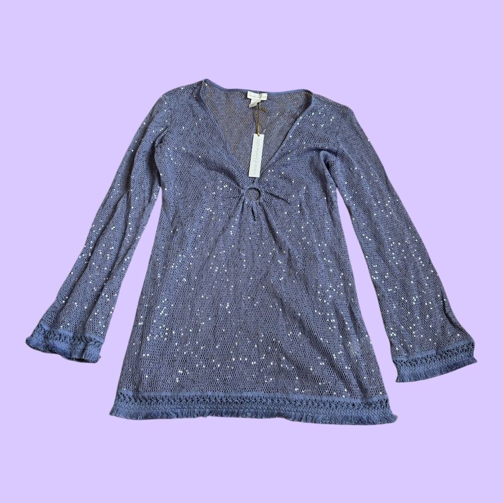 House of Harlow Crochet Knit Dress Womens Medium Purple Fairy Bell Sleeve Fringe
